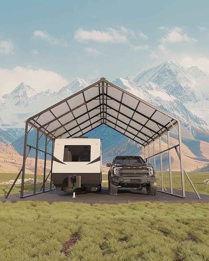 Garvee 20x25 ft Metal Carport Kit, 120° Steep-Pitch Vertical Roof for Snow Shedding, 173" High-Clearance RV & Tractor Shelter, Heavy-Duty 2 Cars Car Port with Reinforced Frame