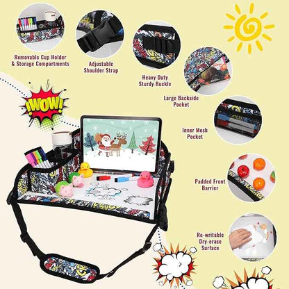 Kids Travel Tray for Airplane - Toddler Car Seat Table Tray, Road Trip Essentials for Boys & Girls, Carseat Lap Desk for Kids Road Trip Activities, Graffiti