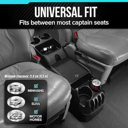 Center Console for Minivans, SUVs, Middle Van Console, Extra Cup Holders, Large Storage, 27"L x 11.5"W x 8.5"H,Made in USA (Black)