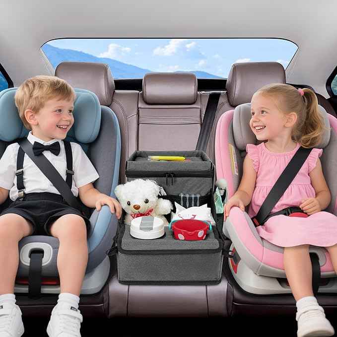 Car Seat Organizer, Backseat Car Organizer with Cup Holder Tray and Storages for Kids and Adults, Portable Travel Cooler for Car for Front or Back Seat Passenger Organizer Ccompartment (Grey)