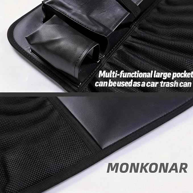 Leather Car Backseat Organizer with Tablet Holder - 9 Large Storage Pockets, Foldable Food Tray & Anti-Scratch Kick Mats - Universal Car Seat Protector for Kids, Pets & Travel Accessories 1 Pack