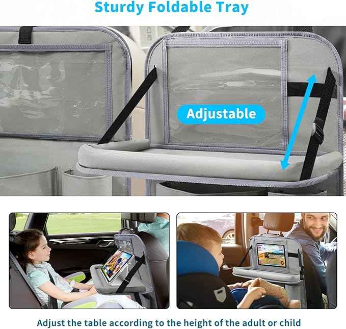 Car Backseat Organizer with Tablet Holder, 6 Storage Pockets Foldable Table Food Tray Seat Back Protectors Kick Mats Travel Accessories, 2 Pack Grey