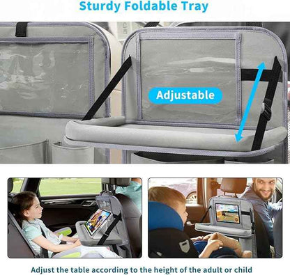 Car Backseat Organizer with Tablet Holder, 6 Storage Pockets Foldable Table Food Tray Seat Back Protectors Kick Mats Travel Accessories, 2 Pack Grey