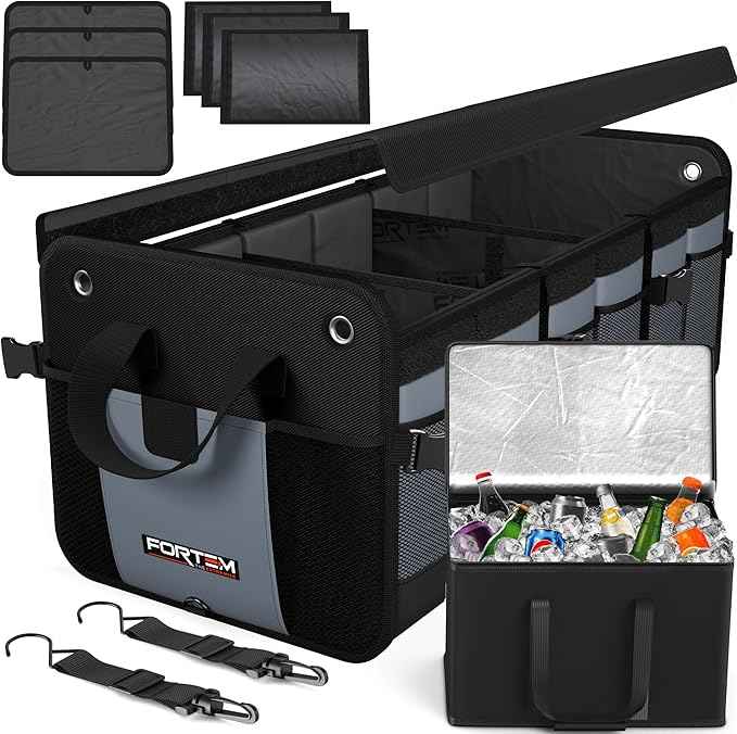 FORTEM Trunk Organizer with Cooler For SUV Car Organizer and Storage, Collapsible Multi-Compartment, Perfect Christmas Gifts For Men, Women, 1680D Oxford, Non Slip Bottom, Straps, Soft Cover 110L