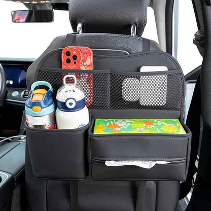 Leather Car Seat Back Organizer with Tissue Holder, Water Bottle Holder, Phone Holder for Road Trips. (Black)