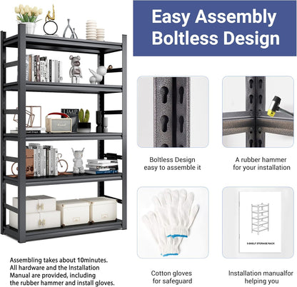TOPKEY Metal Storage Shelf Garage Storage Shelves, Heavy Duty 5-Tier Utility Shelves for Garage, Kitchen, Warehouse, Adjustable Basement Storage Rack, Load 2500LBS, 78" H x 47.2" W x 18" D