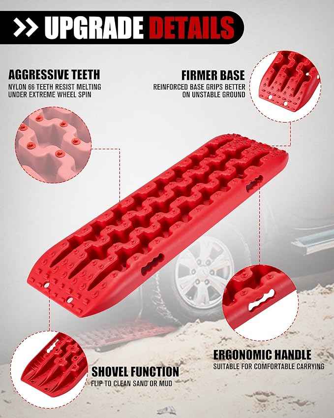 FieryRed Traction Boards Offroad, Recovery Boards with 2 Leashes and Carry Bag, 2Pcs Traction Mat Recovery Tracks for Sand Mud Snow Track Tire Ladder 4X4, Red GEN1th