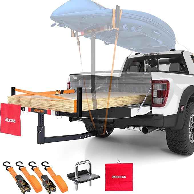 Mockins 750 Lbs Cap Truck Bed Extender Hitch Mount | 2-in-1 All-Weather Steel Canoe Rack & Kayak Trailer w/Stabilizer & Straps | Versatile Bed Extenders for Trucks & SUVs for Ladders, Pipes & Lumber