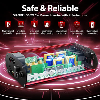 300Watt Pure Sine Wave Power Inverter for Car with PD30W Type C and QC 3.0 USB Car Converter Adapter with Dual USB Ports for Smartphones Laptops Tablets Starlink