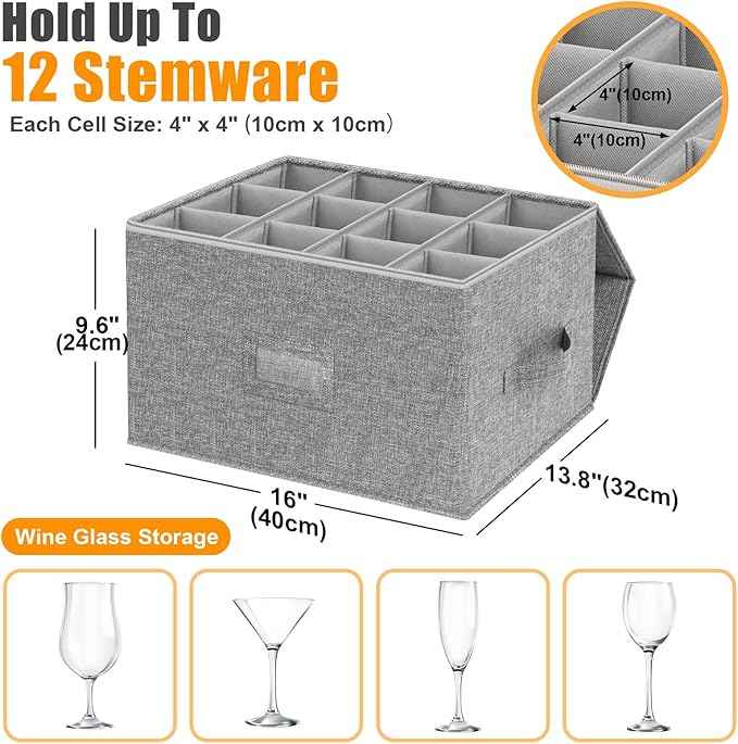 Wine Glass Storage Box 2-Pack, Stemware Container Cases, Stackable w/Hard Shell Top Sides Bottom, Moving Supplies, China Storage Containers for 24 Crystal Glasses Drinkware 9.2'' Tall, Grey