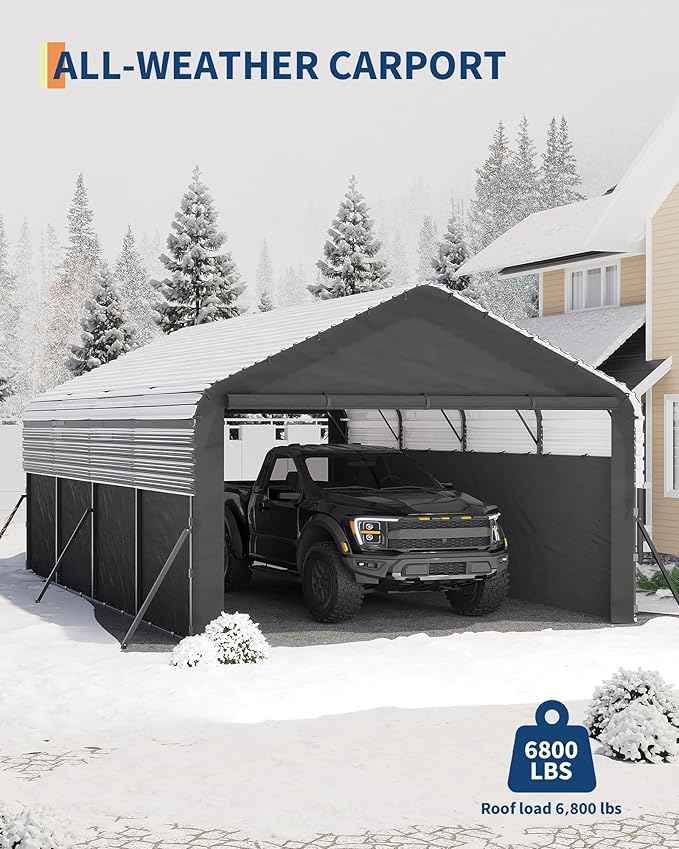 Garvee 12x20x9 ft Metal Carport Enclosed, Car Ports with Heavy Duty 220 g Tarp Gable End Doors and Sidewalls, All-Weather Carport for Full-Size Pickup Trucks, Bass Boats, and Tractors