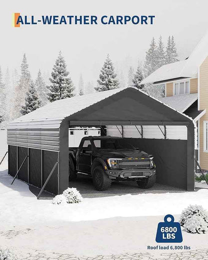 Garvee 12x20x9 ft Metal Carport Enclosed, Car Ports with Heavy Duty 220 g Tarp Gable End Doors and Sidewalls, All-Weather Carport for Full-Size Pickup Trucks, Bass Boats, and Tractors