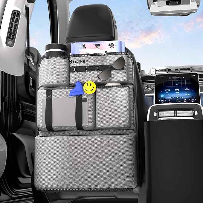 FLORICH PU-Coated Fabric Car Backseat Organizer, Durable Large capaity Seat Back Organizer and Storage with 6 Pocket, Kick Mats Back Seat Protector for Kids Universal Fit