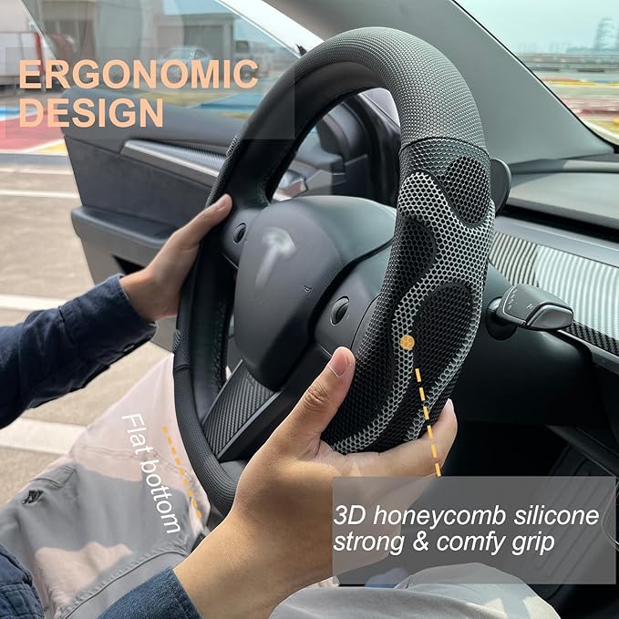 PINCTROT Comfy Grip Steering Wheel Cover for Tesla Model Y/3 2016-2025 2026 Standard/Highland/Juniper, D Shaped 14 Inch Small Sized, Flat Bottom with 3D Honeycomb Anti-Slip Design (Comfy Grip Gray)