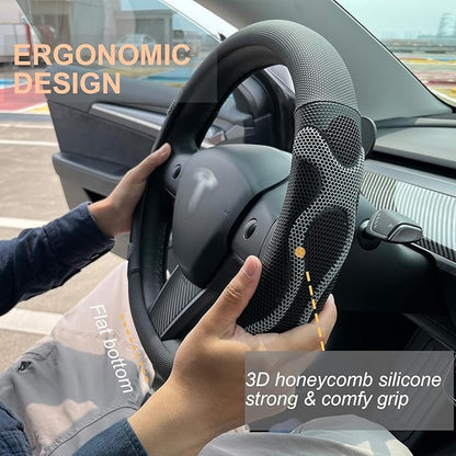 PINCTROT Comfy Grip Steering Wheel Cover for Tesla Model Y/3 2016-2025 2026 Standard/Highland/Juniper, D Shaped 14 Inch Small Sized, Flat Bottom with 3D Honeycomb Anti-Slip Design (Comfy Grip Gray)