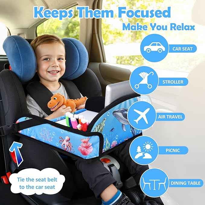 Kids Travel Tray for Toddler Carseat, Road Trip Activities Essentials for Toddler, Kids Lap Desk Tray with Tablet Holder Stand ＆ Dry Erase Board (Whale)