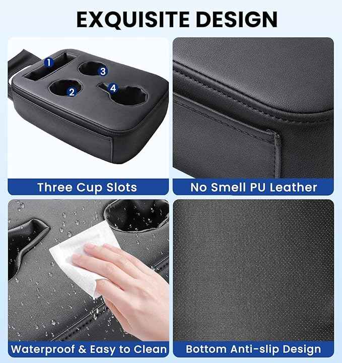 Back Seat Cup Holder for Car, PU Leather Couch Sofa Bed Boat Cup Holder Tray, Organizer for Trucks, Minivans, SUVs, RVs, Vehicles, Holds Drinks, Remote, Snacks, with Side Pockets