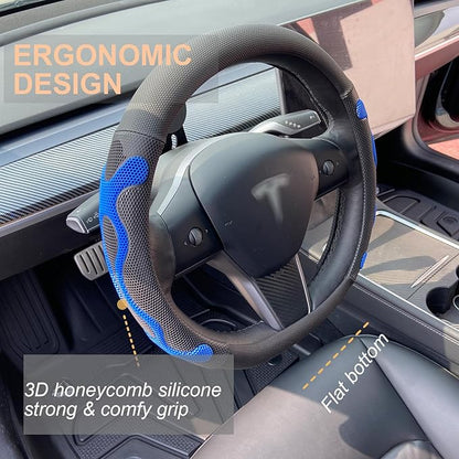 PINCTROT Comfy Grip Steering Wheel Cover for Tesla Model Y/3 2016-2025 2026 Standard/Highland/Juniper, D Shaped 14 Inch Small Sized, Flat Bottom with 3D Honeycomb Anti-Slip Design (Comfy Grip Blue)