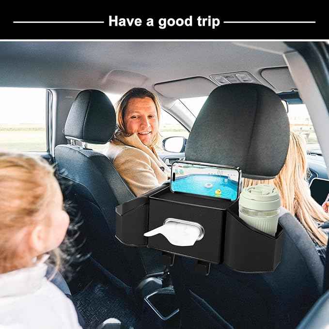 7-In-1 Car Seat Back Organizer with Cup Holders, Tissue Box, Garbage Can&Hooks, Multifunctional Headrest Storage Organizer, Headrest Cup Holder for Backseat, Car Accessories for Trips, Travels(Black)