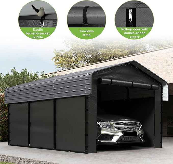 10x15FT Heavy Duty Metal Carport,Outdoor Garage with Removable Sidewalls & Doors, Heavy Duty Steel Frame and Galvanized Roof for Cars and Boats, Gray