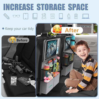 Car Backseat Organizer with Tablet Holder,11 Storage Pockets with Foldable Food Tray, Protector Kick Mats for Kids, Travel Accessories Organizer (Gray, 1Pack with Food Tray)