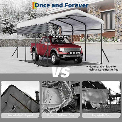 10x15 ft Metal Carport with Reinforced Base and Galvanized Steel Roof, Heavy Duty Garage Car Shelter Shade, Outdoor Car Port Canopy