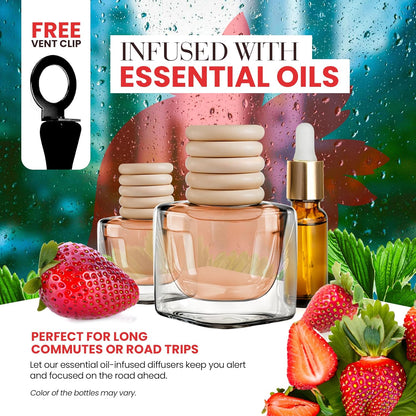 Car Air Fresheners for Women - Sweet Strawberry Fragrance | Pack of 2 Long Lasting Car Air Freshener | Odor Eliminator with Essential Oils | Car Air Freshener Vent Clip by Perfa