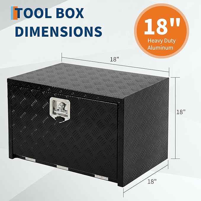 Garvee 18 Inch Heavy Duty Aluminum Tool Underbody Box, Waterproof Square Truck Storage Organizer Chest for Pick Up Truck Bed, Rv Trailer (18" X 18" X 18" - Black)