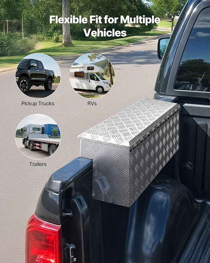 VEVOR Truck Bed Tool Box, Heavy Duty Aluminum Tool Box with Tread Patterns, Storage Toolbox Chest Organizer with Lock and Key, Ideal for Pickup, Truck Bed, RV, Trailer, 34 x 12 x 15.4 in, Silver