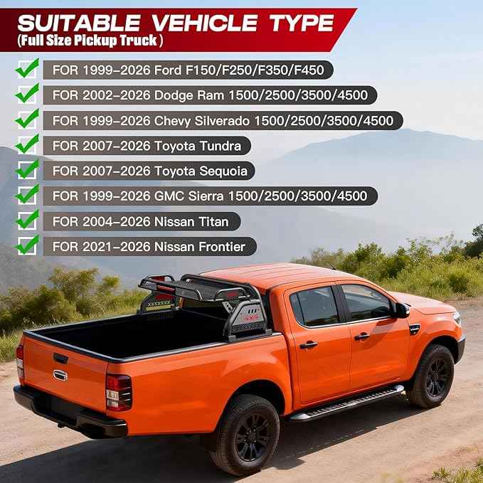 Roll Bar for Truck with Cargo Basket, Adjustable Sport Bed Bar Chase Rack Compatible with Full-Size Pickup Trucks Ford F-150, Chevy Silverado 1500, Ram 1500, GMC Sierra 1500, Tundra, Titan