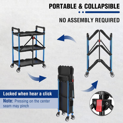 WORKPRO 3-Tier Collapsible Service Cart, 210 LBS Foldable Utility Service Cart with Wheels, Portable Tool Cart for Garage, Warehouse, Home, Restaurant, Office (No Assembly Required)