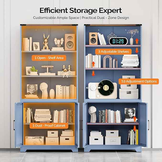 VINGLI Blue Bookcase with Doors and Adjustable Shelves, Steel 70" Tall Bookshelf Display Cabinet, 6-Tier Tall Farmhouse Metal Storage Cabinet for Study, Living Room, Home Office, Kitchen Pantry