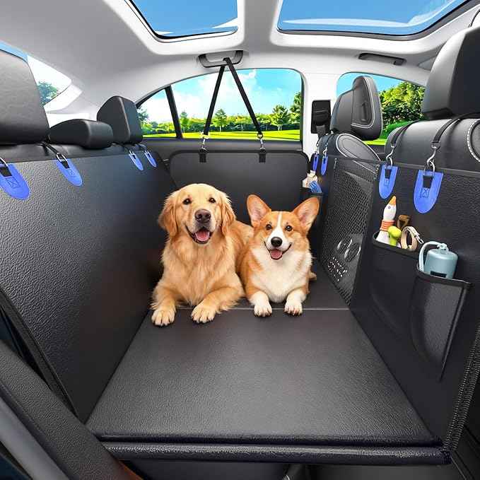 2-In-1 Heavy-Duty Hard Bottom Dog Hammock for Car, 100% Waterproof PU Leather Backseat Cover, Zipper Side Flaps, Non-Slip Extender for Large/Elderly Dogs & Multi-Dog Families,Fits Sedan/SUV/Med.Truck