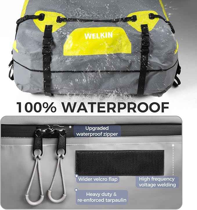 WELKIN Heavy Duty Rooftop Cargo Carrier Bag - 21 Cubic Waterproof Car Roof Bag for All Vehicles with/Without Rack - Includes Anti-Slip Mat, 8 Door Hooks, TSA Lock & Storage Bag - Reinforced Straps
