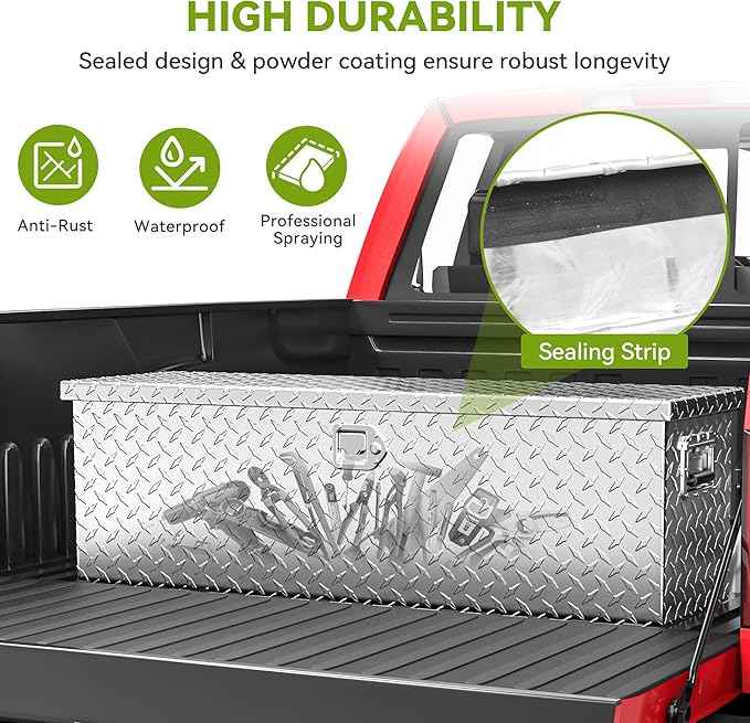 AUTOSAVER88 48 Inch Truck Bed Tool Box, Heavy Duty Aluminum Diamond Plate Tool Box Chest, Waterproof Chest Storage Box with Sliding Shelf and Lock for Trucks, Trailers, RVs, Warehouses