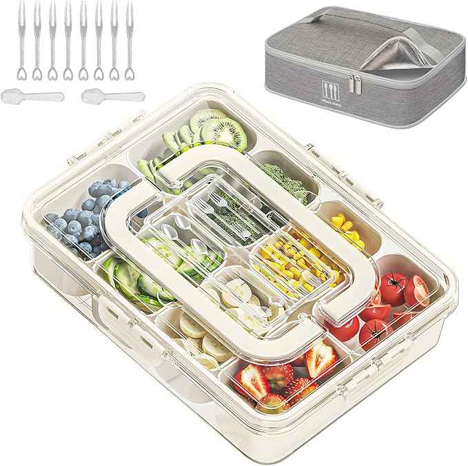 Snack Box Container with Insulated Cooler Bag, Divided Serving Tray with Lid and Handle Beach Essentials, Snackle Box Veggie Fruit Tray with 8 Compartments & 8 Forks & 2 Spoon