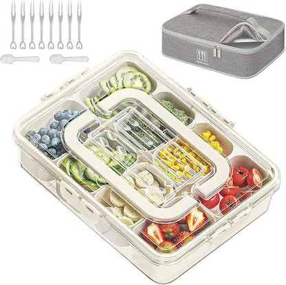 Snack Box Container with Insulated Cooler Bag, Divided Serving Tray with Lid and Handle Beach Essentials, Snackle Box Veggie Fruit Tray with 8 Compartments & 8 Forks & 2 Spoon