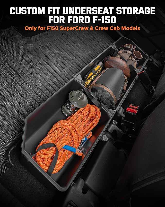 DiffCar® Truck Underseat Storage for Ford F150: 2015-2026 SuperCrew/Crew Cab, Rear Under Seat Organizer Tool Box Car Accessories for Ford F-150 F250 F350 F450 F550 Super Duty(w/Detach Bin & Mesh Net)