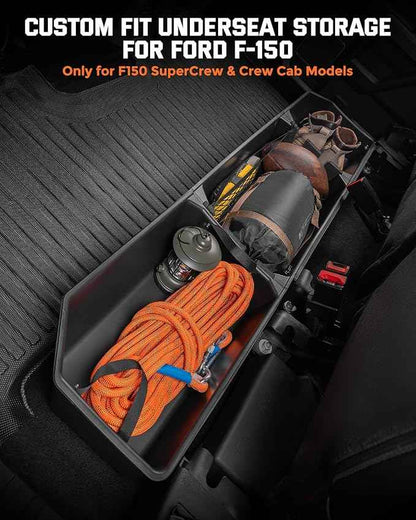 DiffCar® Truck Underseat Storage for Ford F150: 2015-2026 SuperCrew/Crew Cab, Rear Under Seat Organizer Tool Box Car Accessories for Ford F-150 F250 F350 F450 F550 Super Duty(w/Detach Bin & Mesh Net)