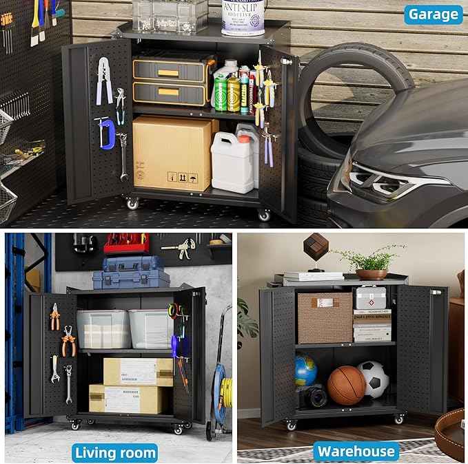 Aobabo 31.5" H Garage Storage Cabinet with Wheels,Lockable Metal Storage Cabinet with 2 Doors for Garage Home Office Storage,Black,Assembly Required