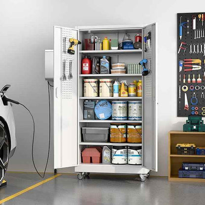 Aobabo Metal Storage Cabinet with Wheels,Heavy Duty Office Storage Cabinet with Lock,Steel Cabinet with 2 Doors and 5 Adjustable Shelves for Office Home School Storage,Required-Assembly White
