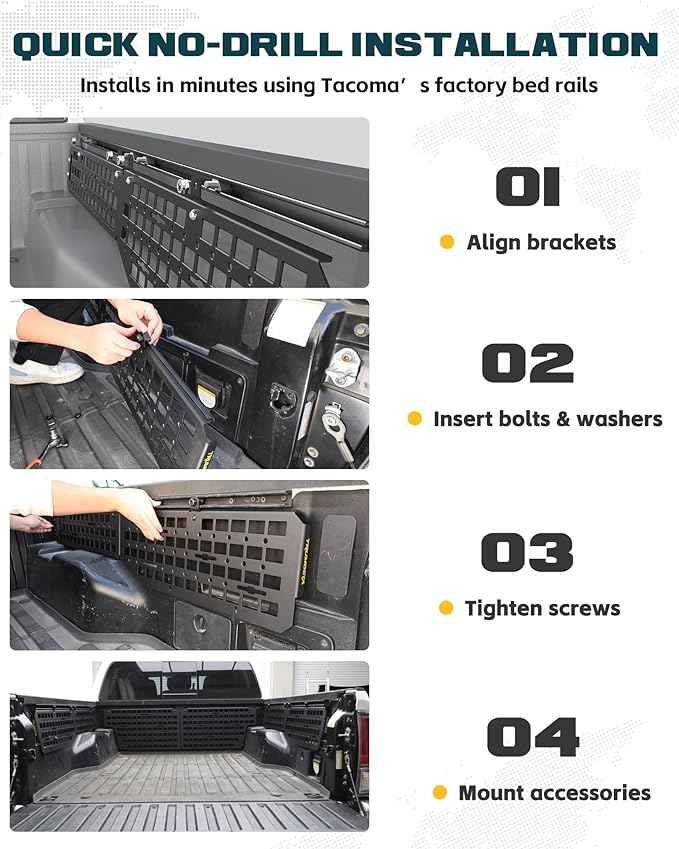 Side Bed MOLLE Panel Fit for 2016-2023 Toyota Tacoma 5FT Bed, Heavy-Duty Aluminum Truck Storage Organizer System for Camping, No-Drill Installation Truck Bed Organizer Accessories