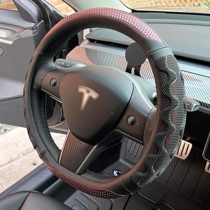PINCTROT Great Grip Steering Wheel Cover for Tesla Model Y/3 2016-2025 2026 Highland/Juniper, D Shaped 14 Inch Small Sized, Flat Bottom with 3D Honeycomb Anti-Slip Design (Great Grip Wine Red)
