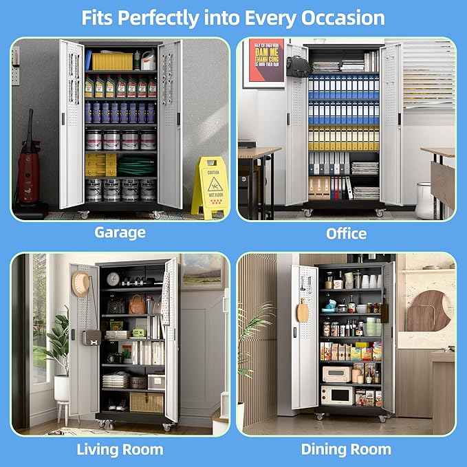 Aobabo Garage Storage Cabinet with Wheels, Metal Storage Cabinet with 5 Adjustable Shelves for Garage Home, Black&Silver,71" H*34''W*18''D,Required-Assembly,