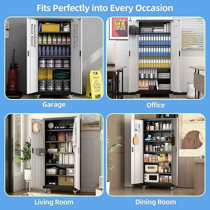 Aobabo Garage Storage Cabinet with Wheels, Metal Storage Cabinet with 5 Adjustable Shelves for Garage Home, Black&Silver,71" H*34''W*18''D,Required-Assembly,