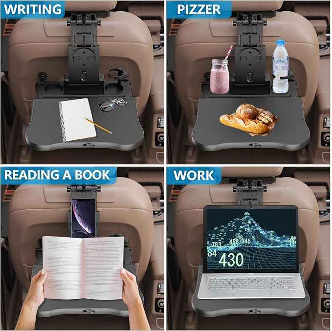 Car Seat Tray Table - Foldable Car Kids Passenger Roadtrip Eating Food Backseat Travel Trays Dinning Working Laptop Desk with Non-Slip Pad/Phone/Tablet Holder
