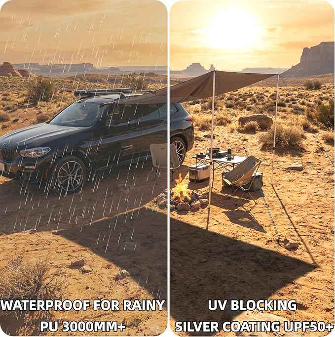 DANCHEL OUTDOOR Portable Suction Cups Car Awning Overland Camping, Needn't Roof Rack Mounting, Waterproof Vehicle Camper Awning Tarp for SUV Truck, 7.7lbs 6.5ftx9.8ft Gray