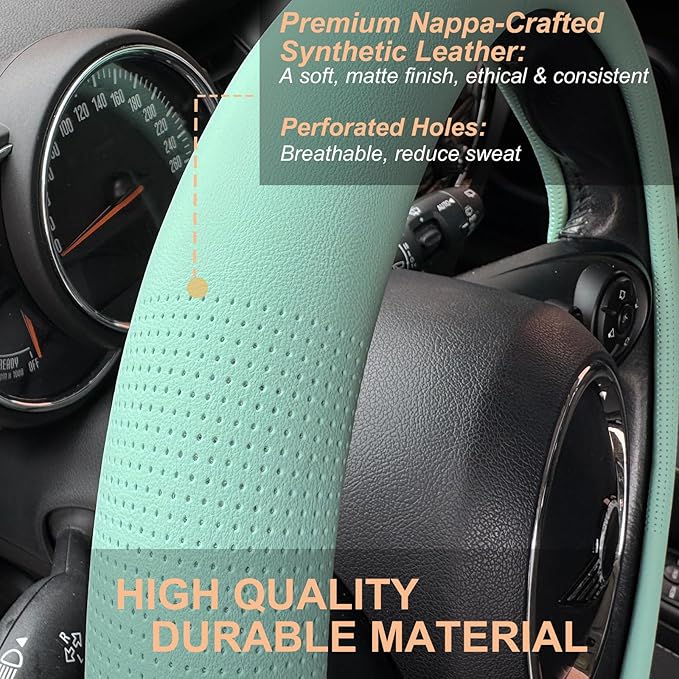 PINCTROT Nappa Leather Steering Wheel Cover, Slim Fit No Bulk Design, One Piece Leather with Breathable Perforation, Fit Like Gloves, Universal 14.5-15 Inch(Nappa Mint)