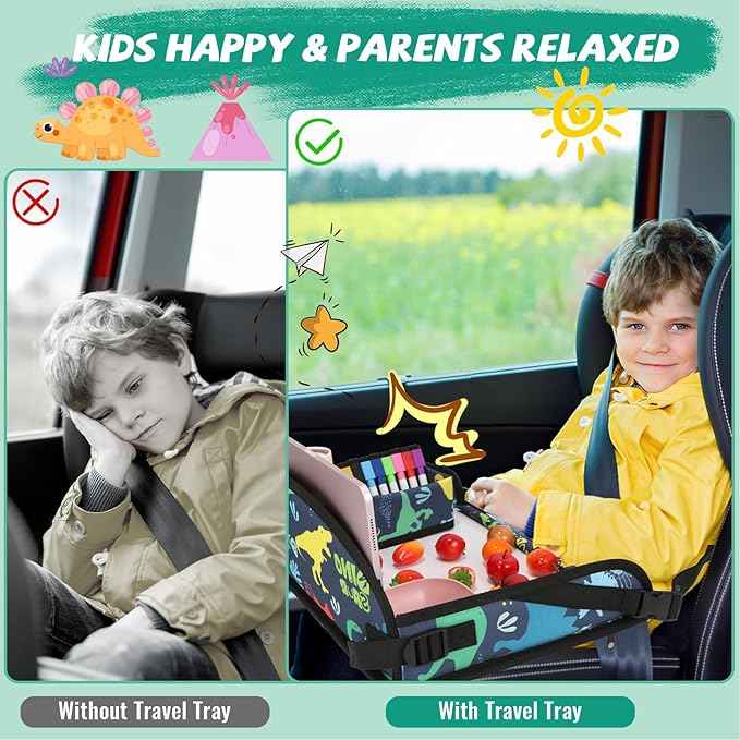 Kids Travel Tray for Airplane - Toddler Car Seat Table Tray, Road Trip Essentials for Boys & Girls, Carseat Lap Desk for Kids Road Trip Activities, Dinosaur