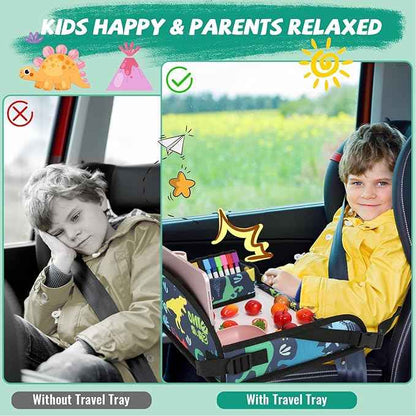 Kids Travel Tray for Airplane - Toddler Car Seat Table Tray, Road Trip Essentials for Boys & Girls, Carseat Lap Desk for Kids Road Trip Activities, Dinosaur